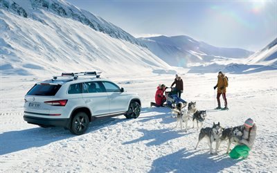 Skoda Kodiaq, en 2018, à l'extérieur, vue de l'arrière, la nouvelle blanche Kodiaq, montagnes, hiver, neige, traîneau à chien, husky, phot, Skoda
