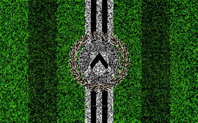 Udinese FC, 4k, logo, football lawn, Italian football club, black and white lines, emblem, grass texture, Serie A, Udine, Italy, football, Udinese Calcio