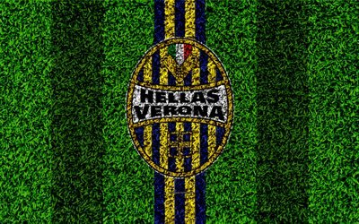 Hellas Verona FC, 4k, logotyp, fotboll gr&#228;smatta, Italiensk fotboll club, bl&#229; gula linjer, emblem, gr&#228;s konsistens, Serie A, Verona, Italien, fotboll
