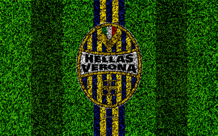 Hellas Verona FC, 4k, logotyp, fotboll gr&#228;smatta, Italiensk fotboll club, bl&#229; gula linjer, emblem, gr&#228;s konsistens, Serie A, Verona, Italien, fotboll