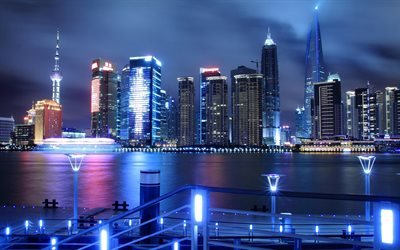 Shanghai, 4k, les paysages nocturnes, paysage urbain, gratte-ciel, la Chine, l&#39;Asie