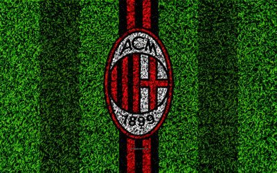 AC Milan, 4k, logo, jalkapallo nurmikko, Italian football club, punainen musta linjat, Milan FC tunnus, ruohon rakenne, Serie, Milan, Italia, jalkapallo, Associazione Calcio Milan