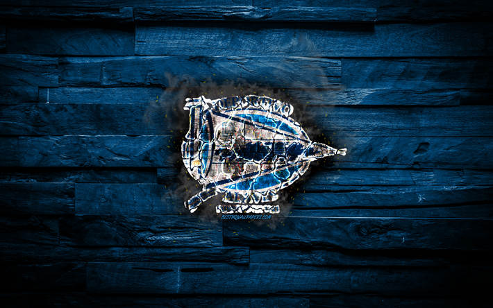 Deportivo Alaves FC, burning logo, La Liga, blue wooden background, spanish football club, LaLiga, grunge, Deportivo Alaves, football, soccer, Deportivo Alaves logo, fire texture, Spain