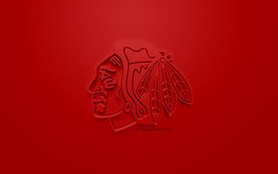 شيكاغو بلاك هوك, أمريكا هوكي نادي, الإبداعية شعار 3D, خلفية حمراء, 3d شعار, نهل, شيكاغو, إلينوي, الولايات المتحدة الأمريكية, دوري الهوكي الوطني, الفن 3d, الهوكي, شعار 3d