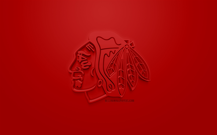 Chicago Blackhawks, Amerikan hokey kul&#252;b&#252;, yaratıcı 3D logo, kırmızı bir arka plan, 3d amblem, NHL, Chicago, Illinois, ABD Ulusal Hokey Ligi, 3d sanat, hokey, 3d logo