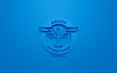 Adana Demirspor, yaratıcı 3D logosu, mavi arka plan, 3d amblemi, T&#252;rk Futbol Kul&#252;b&#252;, 1 Lig, Adana, T&#252;rkiye, MBT Birinci Lig, 3d sanat, futbol, 3d logo
