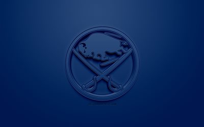 الجاموس السيوف, أمريكا هوكي نادي, الإبداعية شعار 3D, خلفية زرقاء, 3d شعار, نهل, الجاموس, نيويورك, الولايات المتحدة الأمريكية, دوري الهوكي الوطني, الفن 3d, الهوكي, شعار 3d