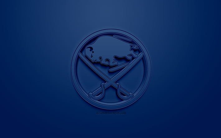 الجاموس السيوف, أمريكا هوكي نادي, الإبداعية شعار 3D, خلفية زرقاء, 3d شعار, نهل, الجاموس, نيويورك, الولايات المتحدة الأمريكية, دوري الهوكي الوطني, الفن 3d, الهوكي, شعار 3d