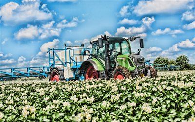 Fendt 313 Vario, 4k, uso dei fertilizzanti, 2019 trattori, macchine agricole, blu trattore, HDR, agricoltura, trattore in campo, Fendt