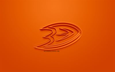 Anaheim Ducks Am&#233;ricaine de hockey club, cr&#233;atrice du logo 3D, fond orange, 3d, embl&#232;me de la LNH, Anaheim, Californie, etats-unis, la Ligue Nationale de Hockey, art 3d, le hockey, le logo 3d