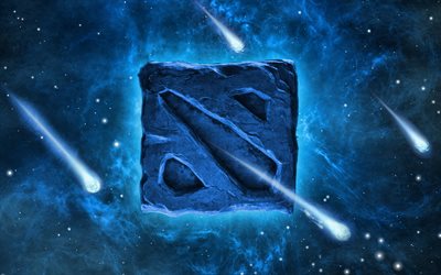 Dota 2 logo, 4k, galaxy, blue background, Dota2, creative, Dota 2 logo in space, Dota 2