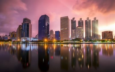 Bangkok, puesta de sol, rascacielos, edificios modernos, paisaje urbano, Tailandia