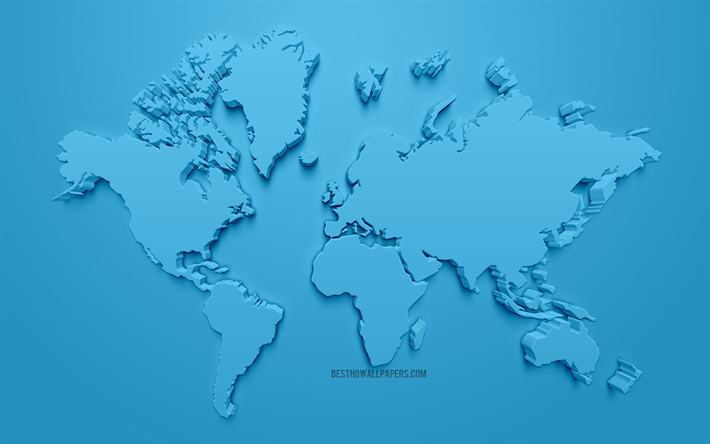 Blue 3D world map, creative 3D art, blue background, world map concepts, continents