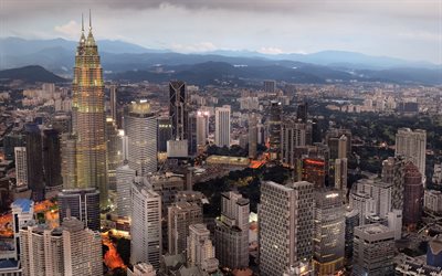 Kuala Lumpur, Malasia, Petronas Torres, rascacielos, noche, puesta de sol, paisaje urbano