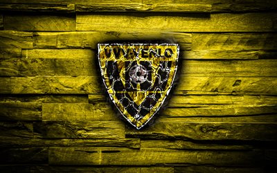 VVV-Venlo FC, burning logo, Eredivisie, yellow wooden background, Dutch football club, LaLiga, grunge, Venlo, football, soccer, VVV-Venlo logo, fire texture, Netherlands