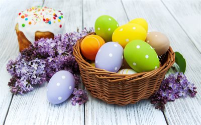 Uova di pasqua, primavera, Pasqua, lievito, uova in un cesto, vacanze di primavera, sfondo