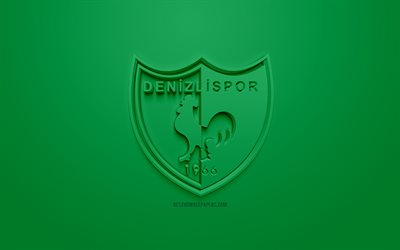 Denizlispor, cr&#233;atrice du logo 3D, fond vert, 3d embl&#232;me, club de Football turc, 1 Lig, Denizli, Turquie, FFT Premier League, art 3d, le football, le logo 3d