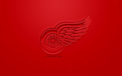 Des Red Wings de Detroit Am&#233;ricaine de hockey club, cr&#233;atrice du logo 3D, fond rouge, 3d, embl&#232;me NHL, Detroit, Michigan, etats-unis, la Ligue Nationale de Hockey, art 3d, le hockey, le logo 3d
