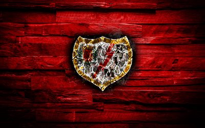 Rayo Vallecano FC, burning logo, La Liga, red wooden background, spanish football club, LaLiga, grunge, Rayo Vallecano, football, soccer, Rayo Vallecano logo, fire texture, Spain