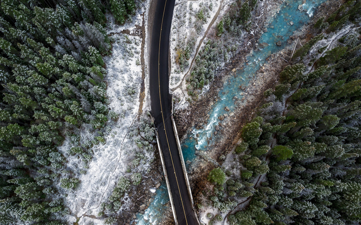bellissimo fiume, veduta aerea, foresta, vista aerea, strada asfaltata, primavera, Canada