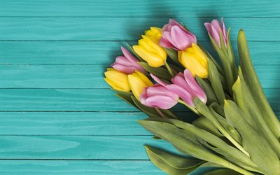 buqu&#234; de tulipas, de madeira azul de fundo, flores da primavera, tulipas amarelas, floral de fundo