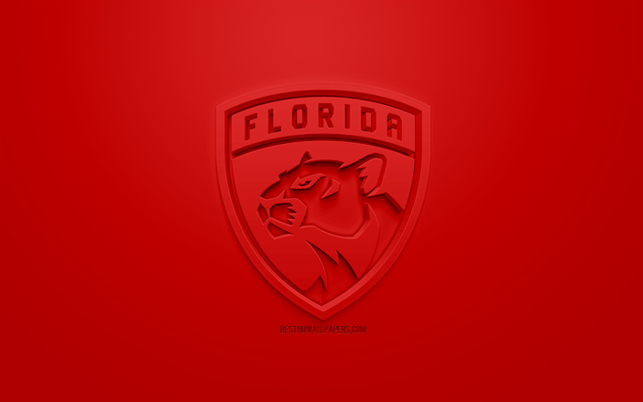 Florida Panthers, American hockey club, creative 3D logo, red background, 3d emblem, NHL, Sunrise, Florida, USA, National Hockey League, 3d art, hockey, 3d logo