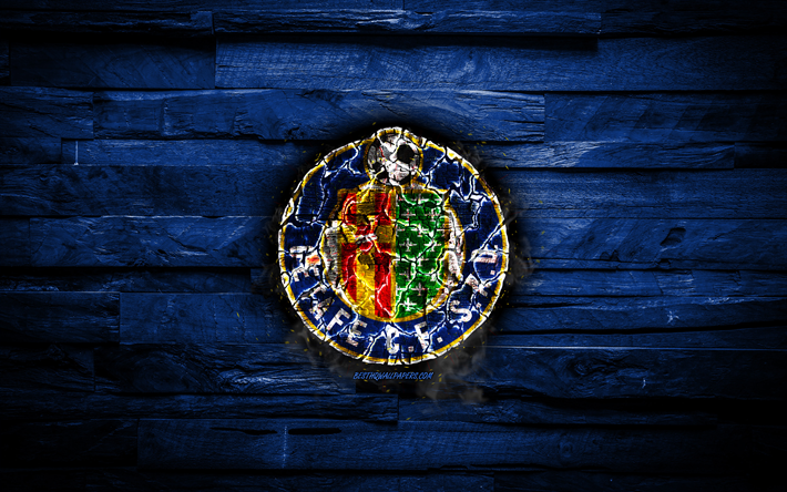 Getafe FC, burning logo, La Liga, blue wooden background, spanish football club, LaLiga, grunge, Getafe CF, football, soccer, Getafe logo, fire texture, Spain