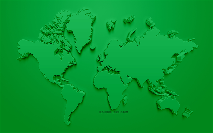 Verde 3D mapa del mundo, un fondo verde, los conceptos de ecolog&#237;a, arte 3d, creativo mapa mundial, mapas del mundo de los conceptos