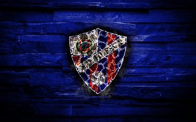 Huesca FC, burning logo, La Liga, blue wooden background, spanish football club, LaLiga, grunge, SD Huesca, football, soccer, Huesca logo, fire texture, Spain