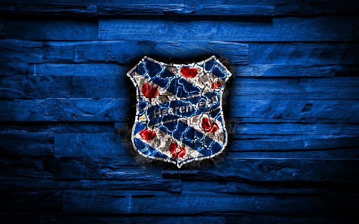 Heerenveen FC, burning logo, Eredivisie, blue wooden background, Dutch football club, LaLiga, grunge, SC Heerenveen, football, soccer, Heerenveen logo, fire texture, Netherlands