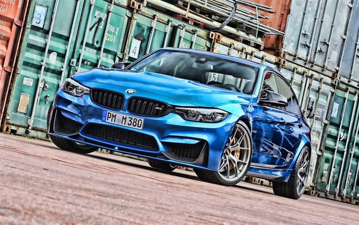 4k, BMW M3, porta, F80, tuning, HDR, azul m3, supercarros, atentos f80, carros alem&#227;es, azul f80, BMW