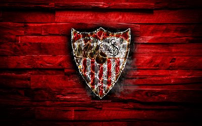 Sevilla FC, burning logo, La Liga, red wooden background, spanish football club, LaLiga, grunge, Sevilla, football, soccer, Sevilla logo, fire texture, Spain
