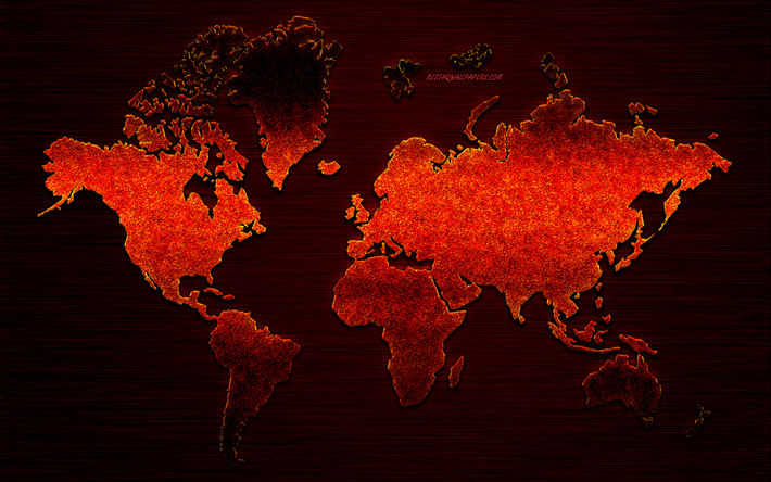 Red creative world map, red glitter texture, creative art, red metal map, iron background, world map concepts