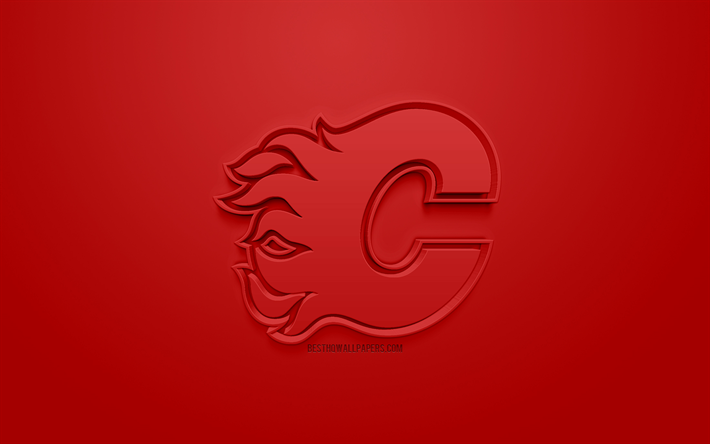 Calgary Alevler, Kanadalı hokey kul&#252;b&#252;, yaratıcı 3D logo, kırmızı bir arka plan, 3d amblem, NHL, Calgary, Alberta, Kanada, ABD, Ulusal Hokey Ligi, 3d sanat, hokey, 3d logo