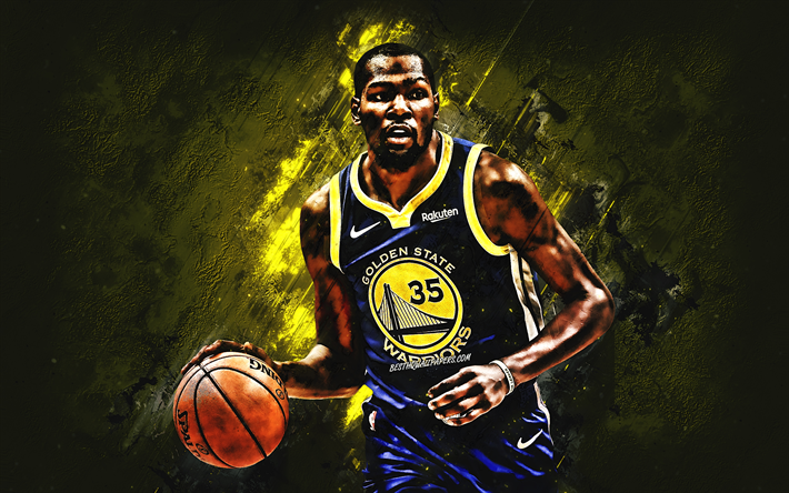 Kevin Durant, Golden State Warriors, NBA, American basketball player, creative art, portrait, yellow stone background, basketball