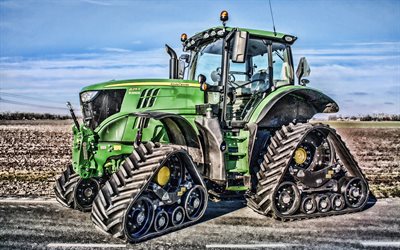 john deere 6215r, 4k, verfolgt traktor, 2019 traktoren, landwirtschaftliche maschinen, hdr, traktor auf der stra&#223;e, landwirtschaft, ernte, john deere