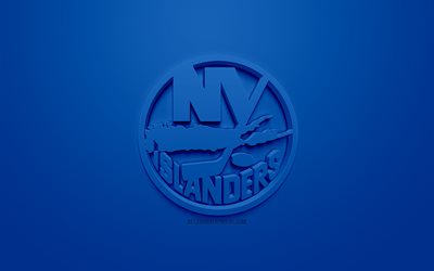 Islanders de New York, l&#39;American club de hockey, cr&#233;atrice du logo 3D, fond bleu, 3d, embl&#232;me de la LNH, &#224; Brooklyn, New York, &#233;tats-unis, la Ligue Nationale de Hockey, art 3d, le hockey, le logo 3d