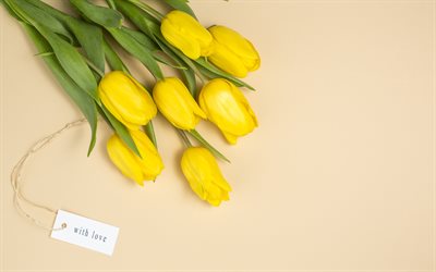 tulipanes amarillos, ramo de flores, tulipanes sobre un fondo beige, flores de la primavera, los tulipanes