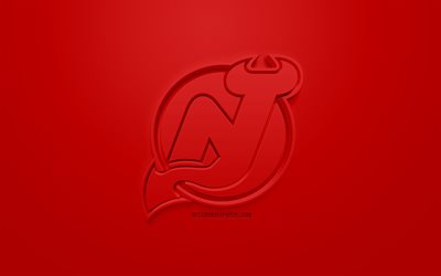 New Jersey Devils, Americana de h&#243;quei clube, criativo logo 3D, fundo vermelho, 3d emblema, NHL, Newark, Nova Jersey, EUA, Liga Nacional De H&#243;quei, Arte 3d, h&#243;quei, Logo em 3d