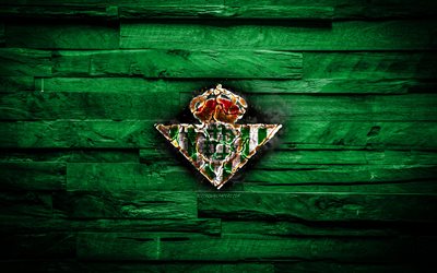 Real Betis FC, burning logo, La Liga, green wooden background, spanish football club, LaLiga, grunge, Real Betis Balompie, football, soccer, Real Betis logo, fire texture, Spain