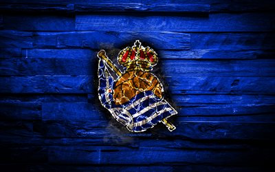 Real Sociedad FC, burning logo, La Liga, blue wooden background, spanish football club, LaLiga, grunge, Real Sociedad SAD, football, soccer, Real Sociedad logo, fire texture, Spain