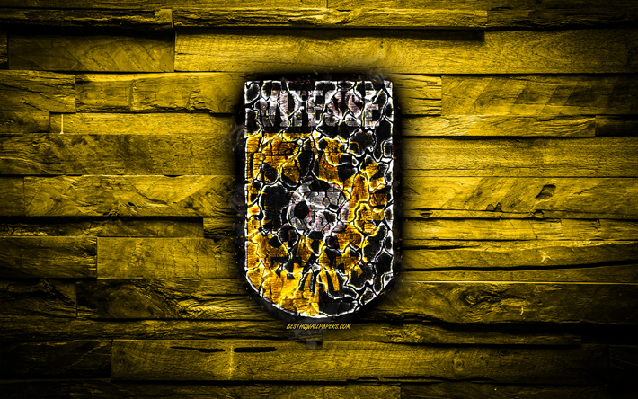 Vitesse FC, burning logo, Eredivisie, yellow wooden background, Dutch football club, LaLiga, grunge, SBV Vitesse, football, soccer, Vitesse logo, fire texture, Netherlands