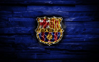 Barcelona FC, burning logo, FCB, La Liga, blue wooden background, spanish football club, LaLiga, Barca, grunge, FC Barcelona, football, soccer, Barcelona logo, fire texture, Spain