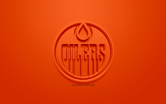 Edmonton Oilers, Kanadalı hokey kul&#252;b&#252;, yaratıcı 3D logo, turuncu arka plan, 3d amblem, NHL, Edmonton, Alberta, Kanada, ABD, Ulusal Hokey Ligi, 3d sanat, hokey, 3d logo