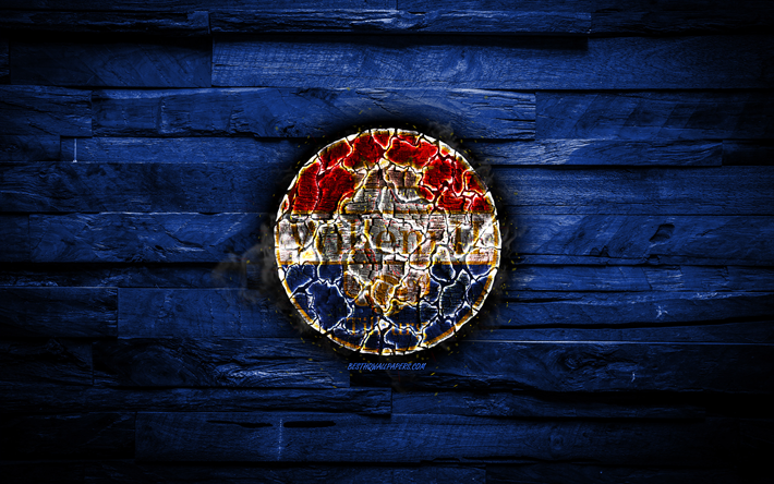 Willem II FC, burning logo, Eredivisie, blue wooden background, Dutch football club, LaLiga, grunge, Willem II Tilburg, football, soccer, Willem II logo, fire texture, Netherlands