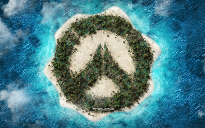 Overwatch, logo, tropical island, creative logo, Overwatch emblem, top view, ocean, popular games