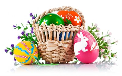 イースターのバスケット, 白背景, 塗装卵, イースター, 春, 休日, イースターの卵
