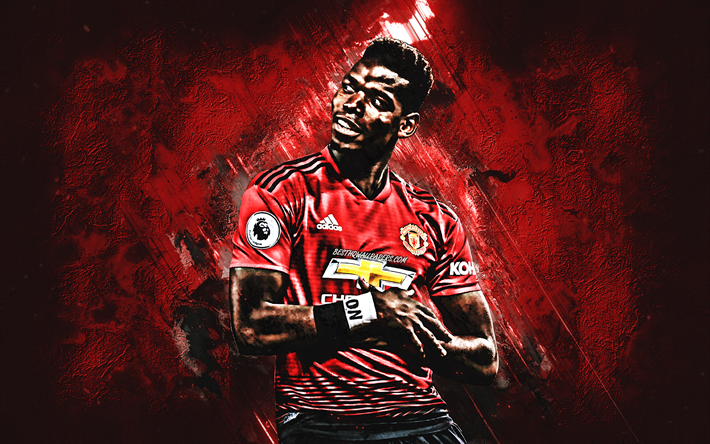 Paul Pogba, French footballer, Manchester United FC, portrait, midfielder, red stone background, creative art, Premier League, England, football