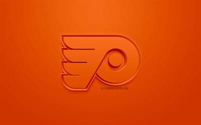 Philadelphia Flyers, Amerikan hokey kul&#252;b&#252;, yaratıcı 3D logo, turuncu arka plan, 3d amblem, NHL, Philadelphia, Pennsylvania, ABD Ulusal Hokey Ligi, 3d sanat, hokey, 3d logo