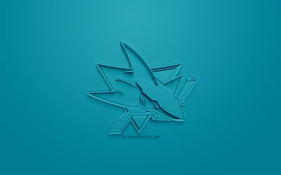 San Jose K&#246;pekbalıkları, Amerikan hokey kul&#252;b&#252;, yaratıcı 3D logosu, mavi arka plan, 3d amblem, NHL, San Jose, California, ABD Ulusal Hokey Ligi, 3d sanat, hokey, 3d logo